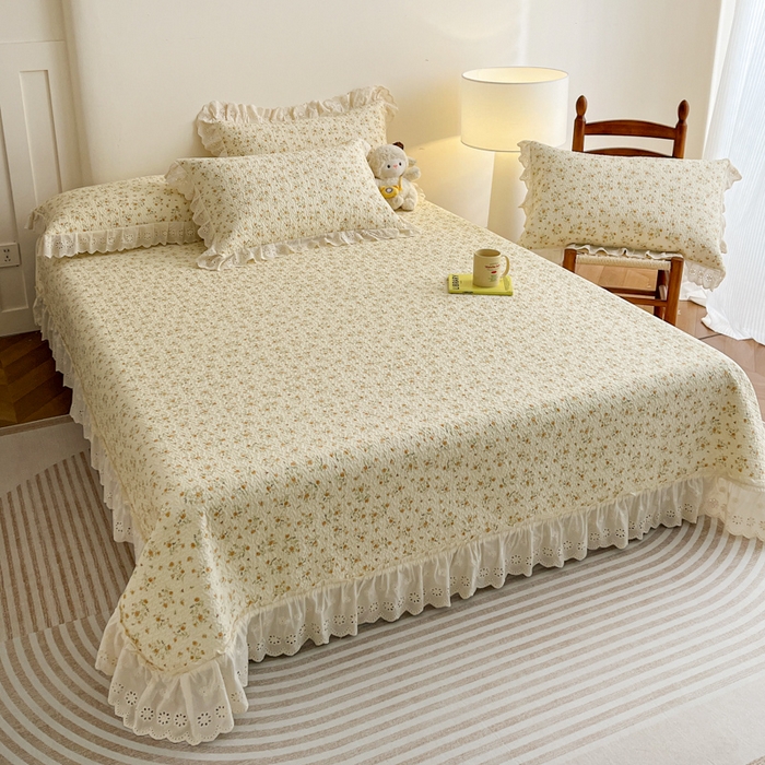 91家纺网 家纺一手货源 找家纺 羽爱家纺 2026新款全棉水洗韩版花边床盖四件套 丛林花田