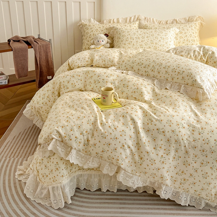 91家纺网 家纺一手货源 找家纺 羽爱家纺 2026新款全棉水洗韩版花边床盖四件套 丛林花田