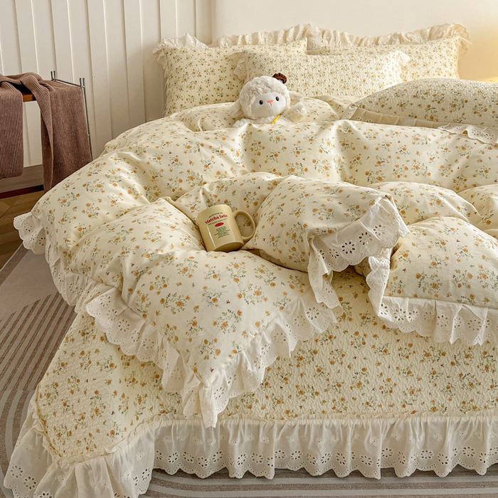 91家纺网 家纺一手货源 找家纺 羽爱家纺 2026新款全棉水洗韩版花边床盖四件套 丛林花田