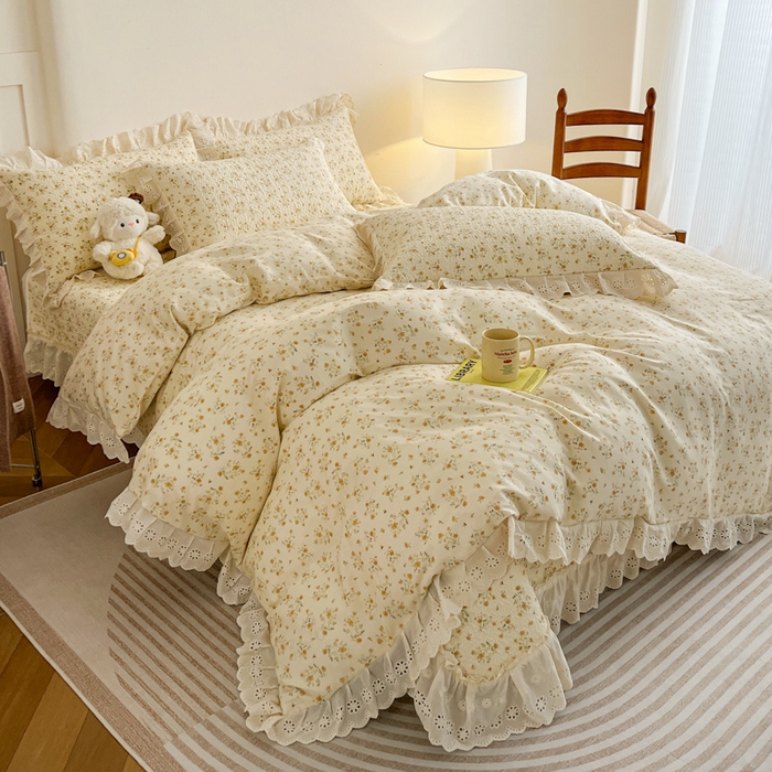 91家纺网 家纺一手货源 找家纺 羽爱家纺 2026新款全棉水洗韩版花边床盖四件套 丛林花田