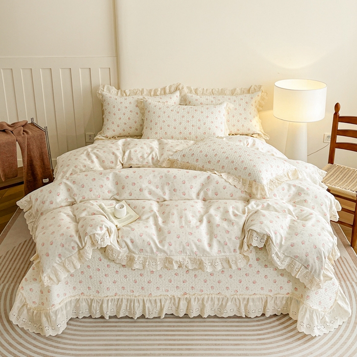羽爱家纺 2026新款全棉水洗韩版花边床盖四件套 海盐繁花