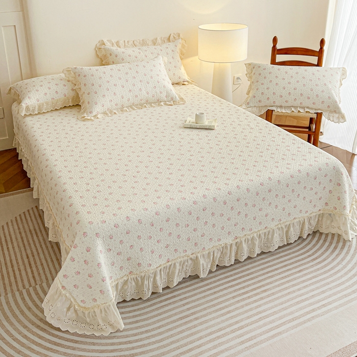 91家纺网 家纺一手货源 找家纺 羽爱家纺 2026新款全棉水洗韩版花边床盖四件套 海盐繁花