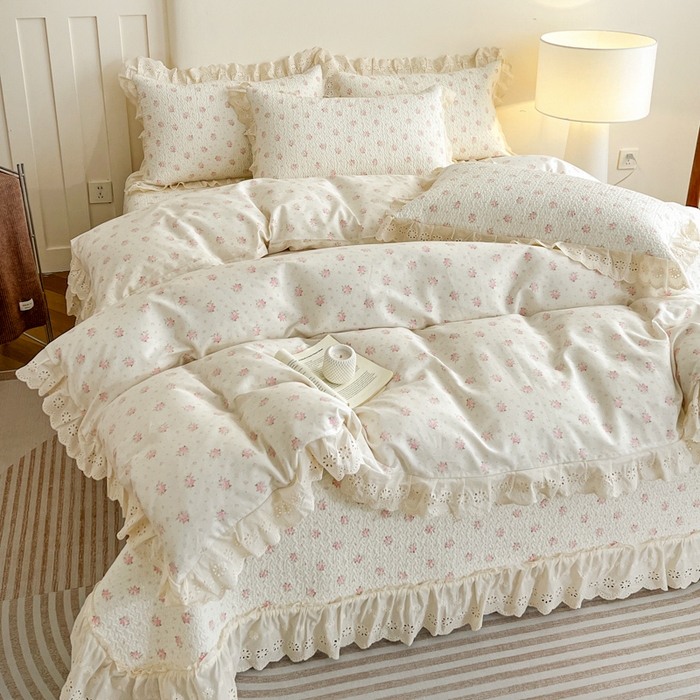 91家纺网 家纺一手货源 找家纺 羽爱家纺 2026新款全棉水洗韩版花边床盖四件套 海盐繁花