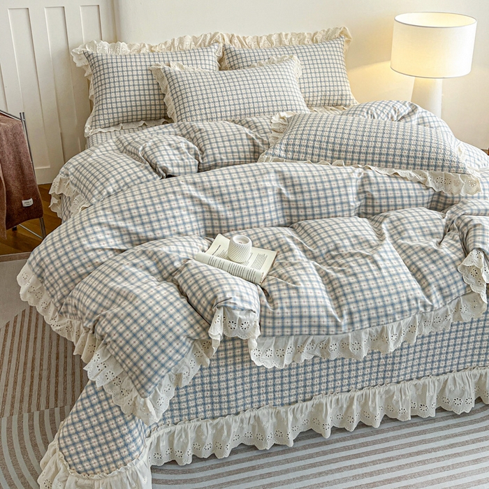 91家纺网 家纺一手货源 找家纺 羽爱家纺 2026新款全棉水洗韩版花边床盖四件套 花间春彩