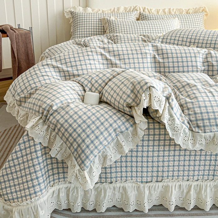 91家纺网 家纺一手货源 找家纺 羽爱家纺 2026新款全棉水洗韩版花边床盖四件套 花间春彩