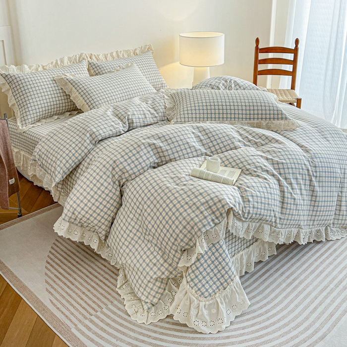 91家纺网 家纺一手货源 找家纺 羽爱家纺 2026新款全棉水洗韩版花边床盖四件套 花间春彩