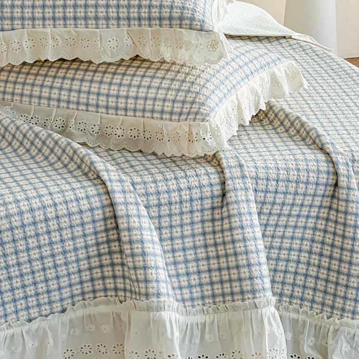 91家纺网 家纺一手货源 找家纺 羽爱家纺 2026新款全棉水洗韩版花边床盖四件套 花间春彩