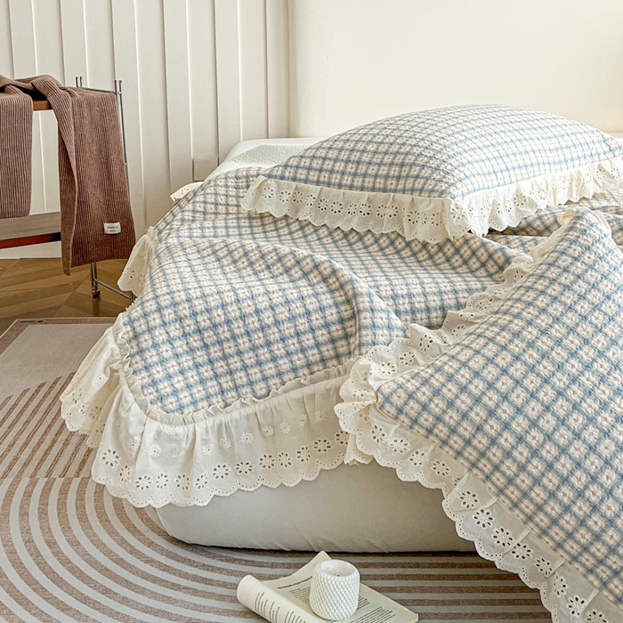 91家纺网 家纺一手货源 找家纺 羽爱家纺 2026新款全棉水洗韩版花边床盖四件套 花间春彩