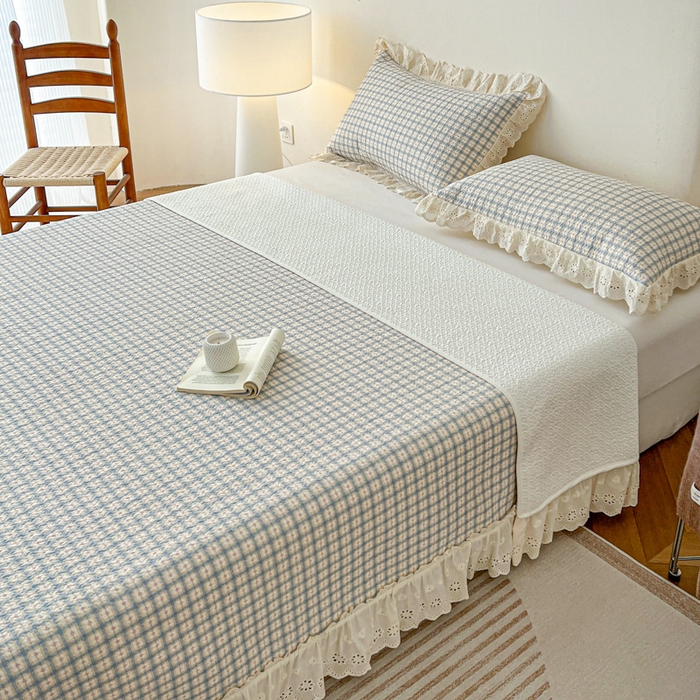 91家纺网 家纺一手货源 找家纺 羽爱家纺 2026新款全棉水洗韩版花边床盖四件套 花间春彩