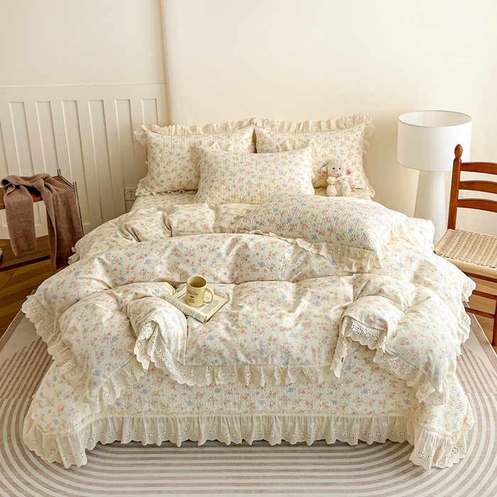 羽爱家纺 2026新款全棉水洗韩版花边床盖四件套 花梦芬芳