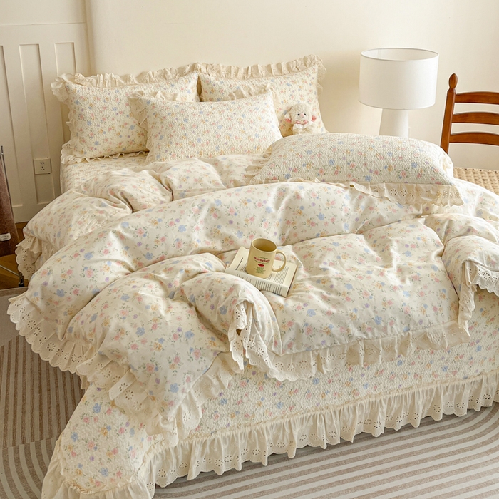 91家纺网 家纺一手货源 找家纺 羽爱家纺 2026新款全棉水洗韩版花边床盖四件套 花梦芬芳