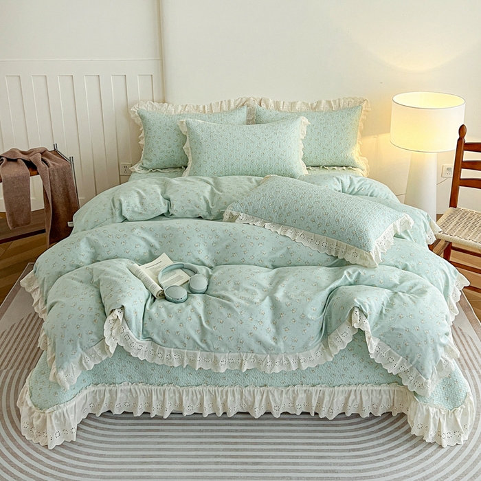 羽爱家纺 2026新款全棉水洗韩版花边床盖四件套 花香四溢