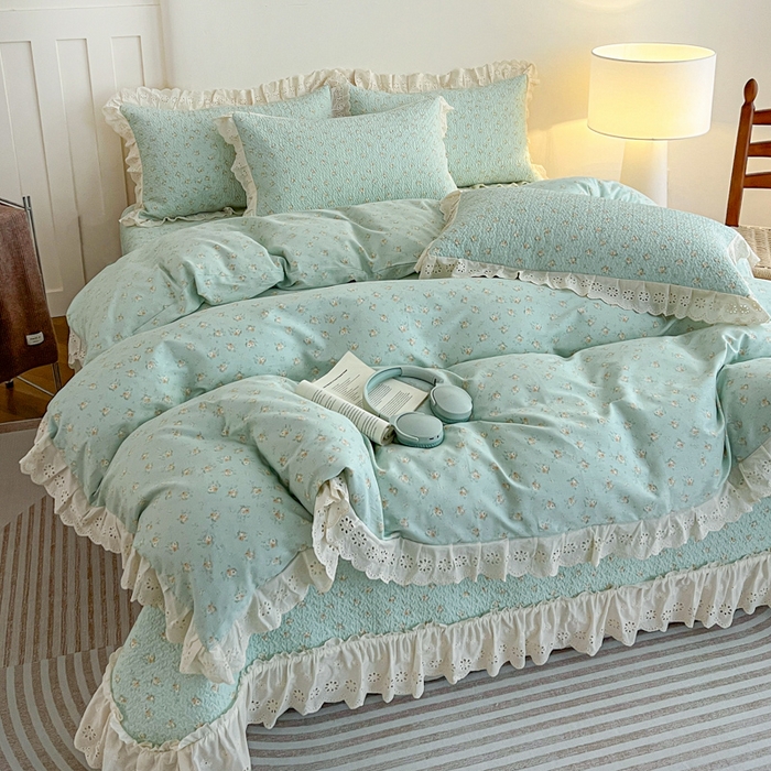 91家纺网 家纺一手货源 找家纺 羽爱家纺 2026新款全棉水洗韩版花边床盖四件套 花香四溢