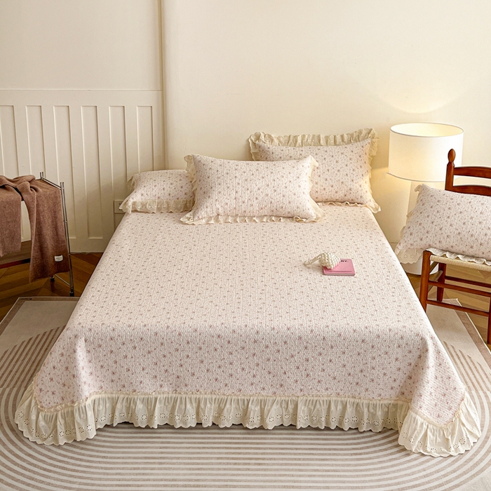 91家纺网 家纺一手货源 找家纺 羽爱家纺 2026新款全棉水洗韩版花边床盖四件套 花茵淡