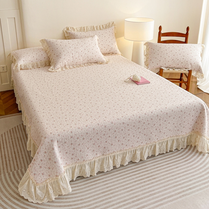 91家纺网 家纺一手货源 找家纺 羽爱家纺 2026新款全棉水洗韩版花边床盖四件套 花茵淡