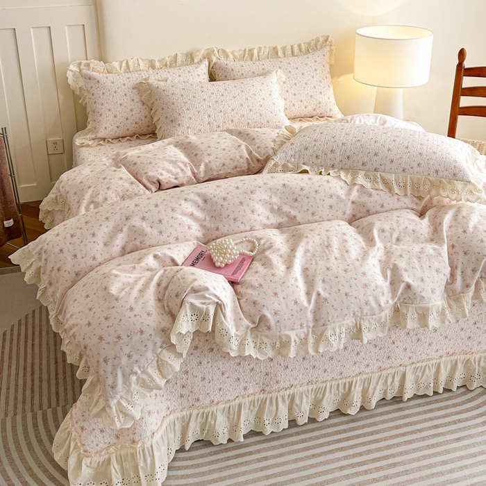 91家纺网 家纺一手货源 找家纺 羽爱家纺 2026新款全棉水洗韩版花边床盖四件套 花茵淡