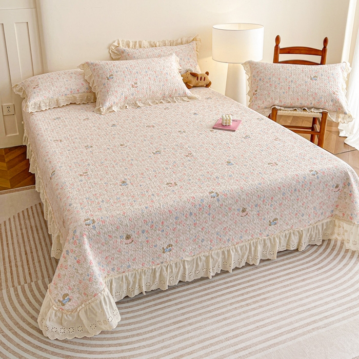 91家纺网 家纺一手货源 找家纺 羽爱家纺 2026新款全棉水洗韩版花边床盖四件套 甜美手记