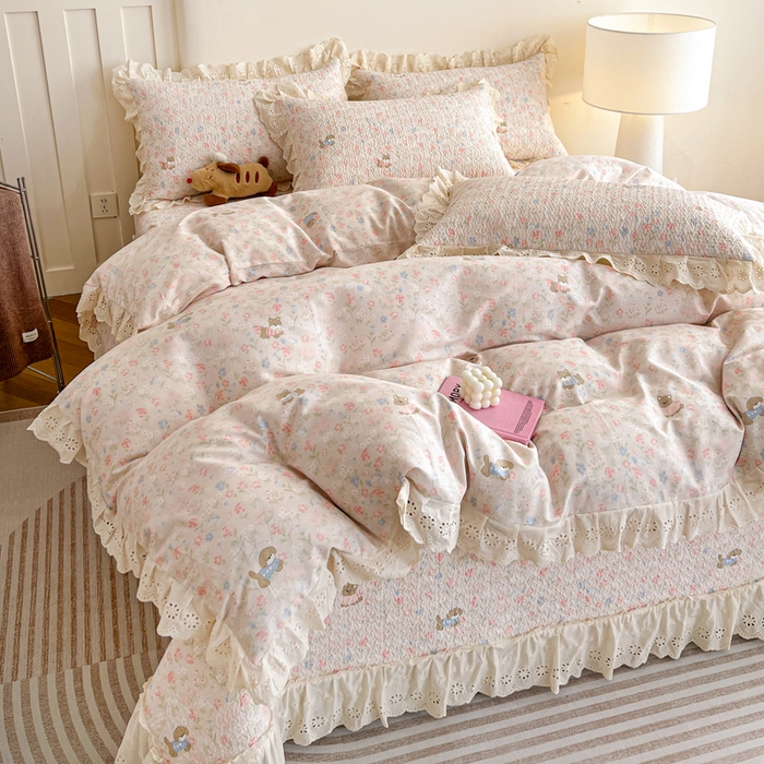 91家纺网 家纺一手货源 找家纺 羽爱家纺 2026新款全棉水洗韩版花边床盖四件套 甜美手记