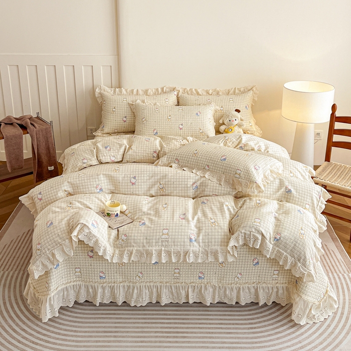 羽爱家纺 2026新款全棉水洗韩版花边床盖四件套 甜糯熊熊