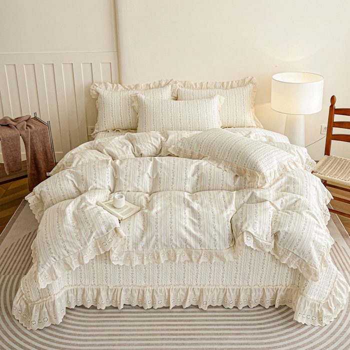 羽爱家纺 2026新款全棉水洗韩版花边床盖四件套 雾下山野
