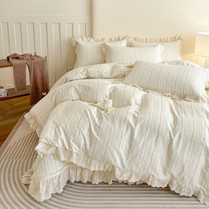 91家纺网 家纺一手货源 找家纺 羽爱家纺 2026新款全棉水洗韩版花边床盖四件套 雾下山野