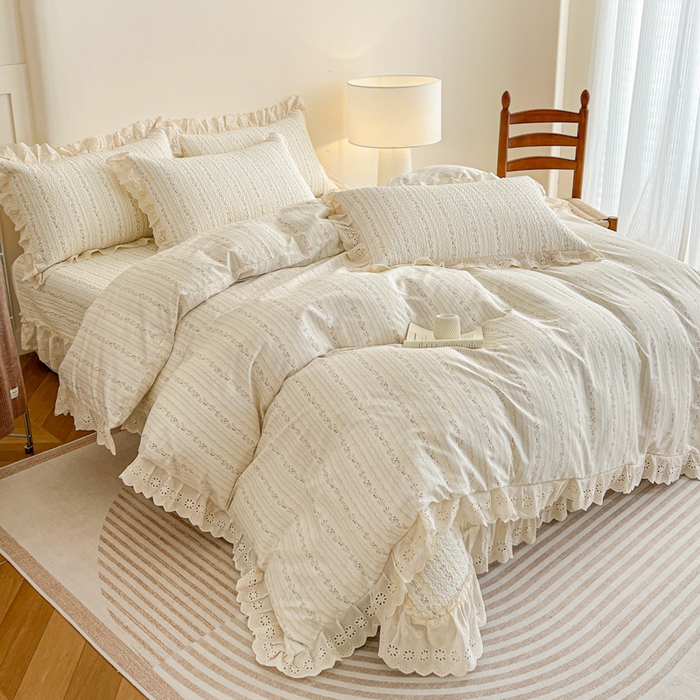 91家纺网 家纺一手货源 找家纺 羽爱家纺 2026新款全棉水洗韩版花边床盖四件套 雾下山野