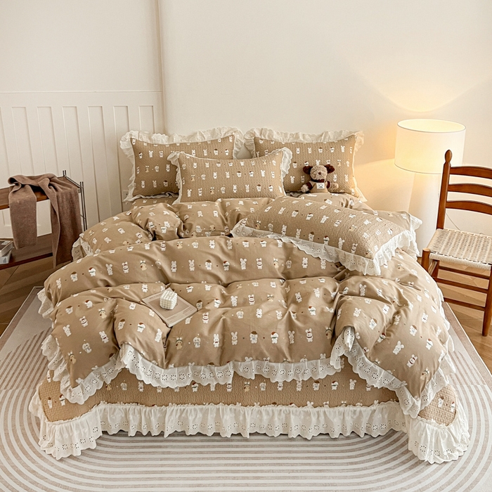 羽爱家纺 2026新款全棉水洗韩版花边床盖四件套 小兔叽