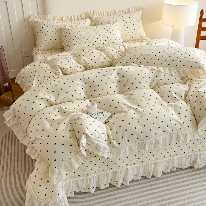 91家纺网 家纺一手货源 找家纺 羽爱家纺 2026新款全棉水洗韩版花边床盖四件套 心印柔