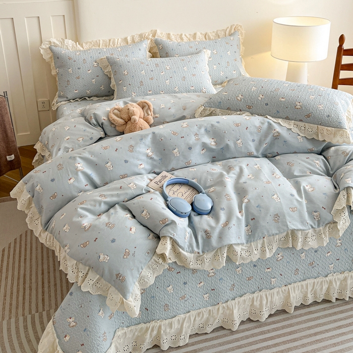 91家纺网 家纺一手货源 找家纺 羽爱家纺 2026新款全棉水洗韩版花边床盖四件套 月光摇篮