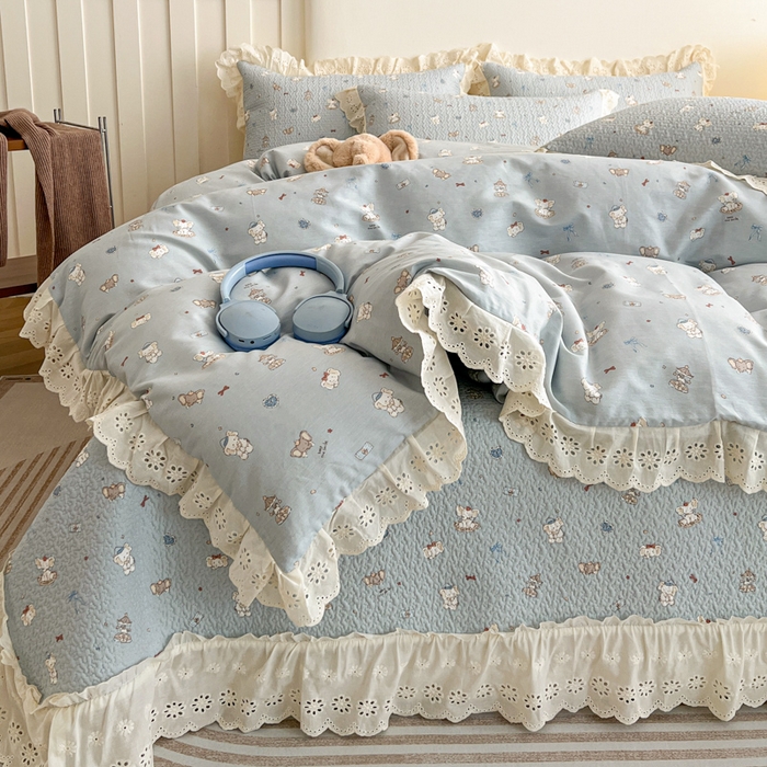 91家纺网 家纺一手货源 找家纺 羽爱家纺 2026新款全棉水洗韩版花边床盖四件套 月光摇篮