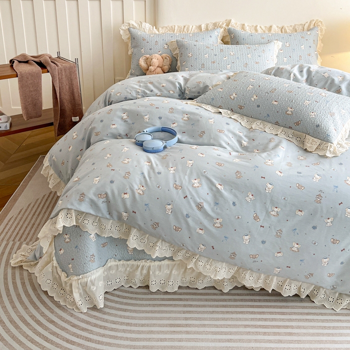 91家纺网 家纺一手货源 找家纺 羽爱家纺 2026新款全棉水洗韩版花边床盖四件套 月光摇篮