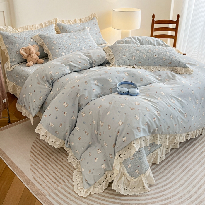 91家纺网 家纺一手货源 找家纺 羽爱家纺 2026新款全棉水洗韩版花边床盖四件套 月光摇篮