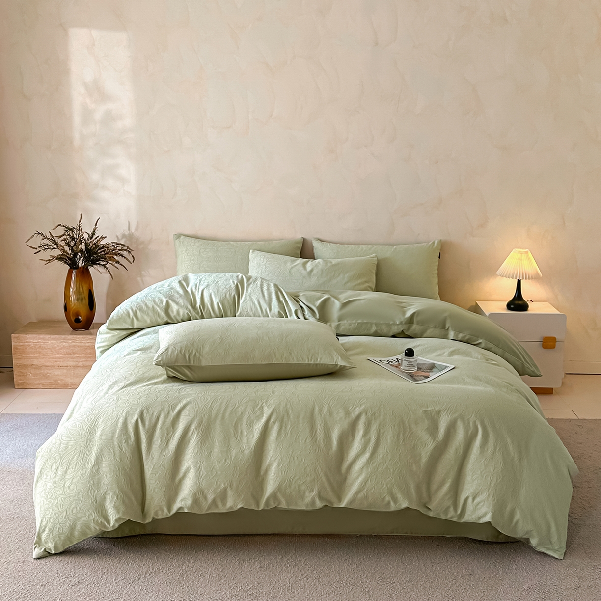 91家纺网 家纺一手货源 找家纺 拼社家纺 2026新款A类全棉亮面提花四件套厚织浮雕提花全棉四件套（独家专版花型） 蝶梦-绿