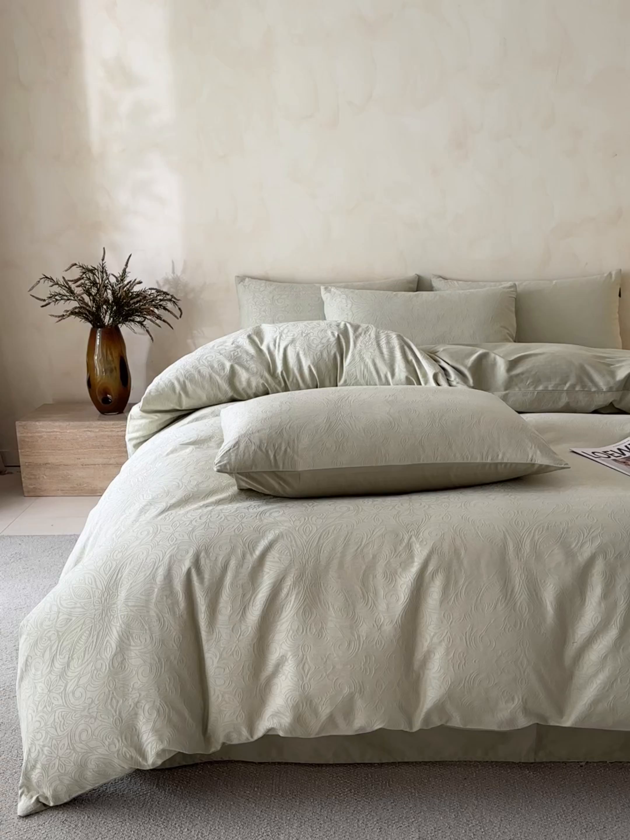 91家纺网 家纺一手货源 找家纺 拼社家纺 2026新款A类全棉亮面提花四件套厚织浮雕提花全棉四件套（独家专版花型） 蝶梦-绿