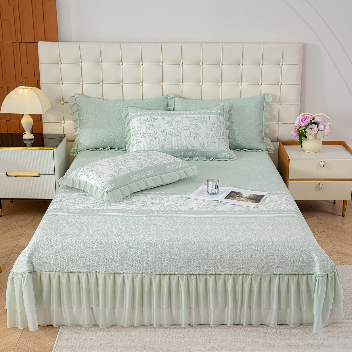 91家纺网 家纺一手货源 找家纺 冬然家纺 2026新款【清凉一夏系列】冰豆豆凉席床裙款 清凉一夏-绿