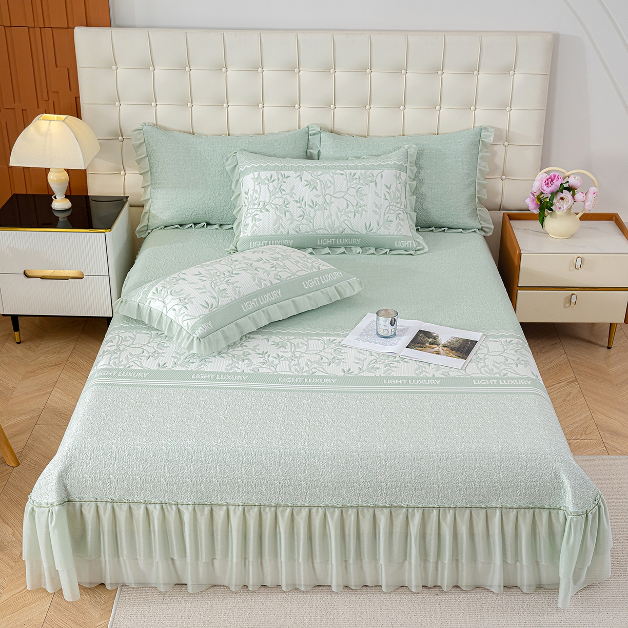 91家纺网 家纺一手货源 找家纺 冬然家纺 2026新款【清凉一夏系列】冰豆豆凉席床裙款 清凉一夏-绿