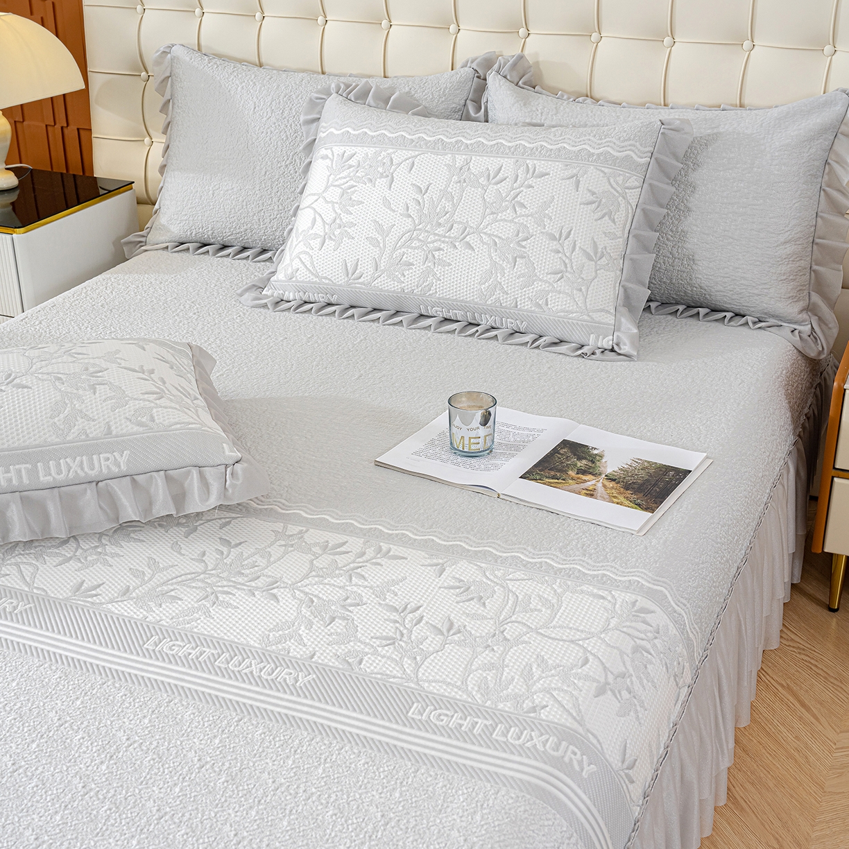 91家纺网 家纺一手货源 找家纺 冬然家纺 2026新款【清凉一夏系列】冰豆豆凉席床裙款 清凉一夏-灰