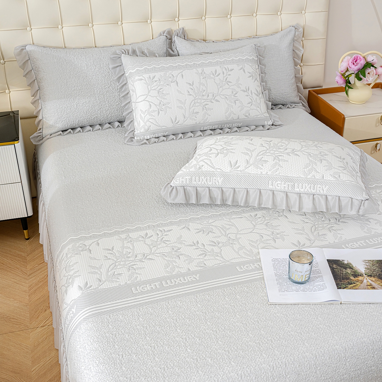 91家纺网 家纺一手货源 找家纺 冬然家纺 2026新款【清凉一夏系列】冰豆豆凉席床裙款 清凉一夏-灰