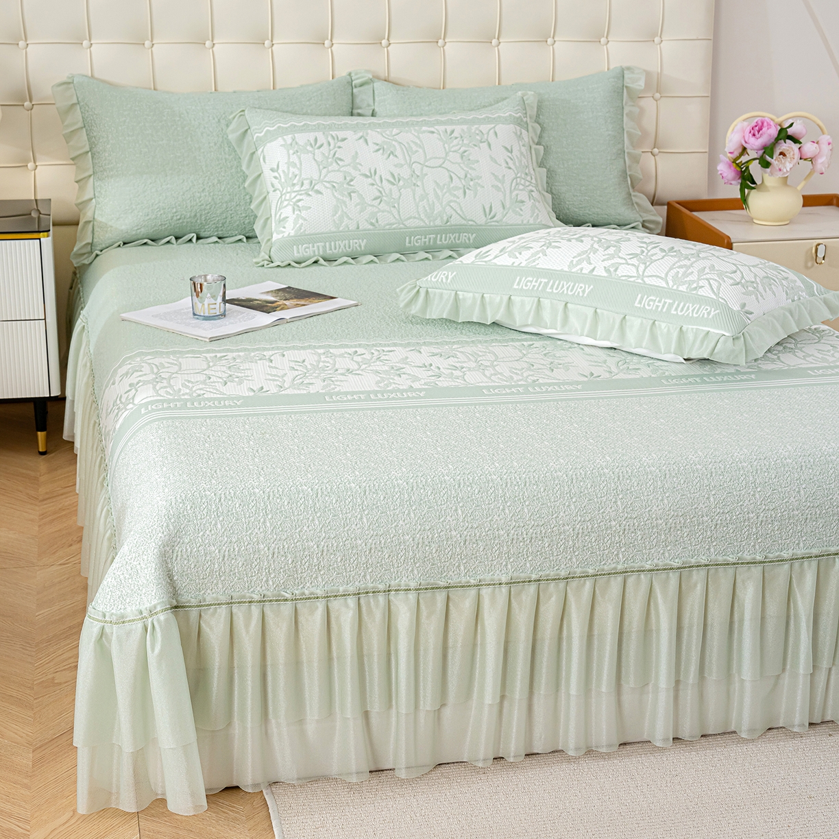 91家纺网 家纺一手货源 找家纺 冬然家纺 2026新款【清凉一夏系列】冰豆豆凉席床裙款 清凉一夏-绿