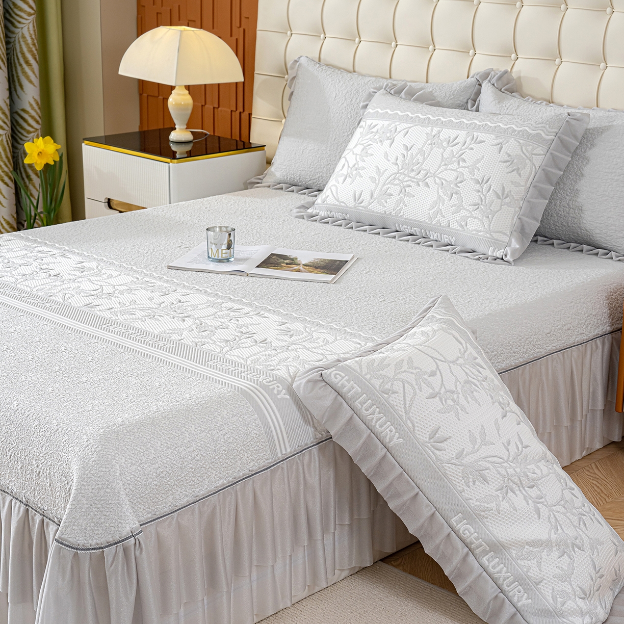 91家纺网 家纺一手货源 找家纺 冬然家纺 2026新款【清凉一夏系列】冰豆豆凉席床裙款 清凉一夏-灰