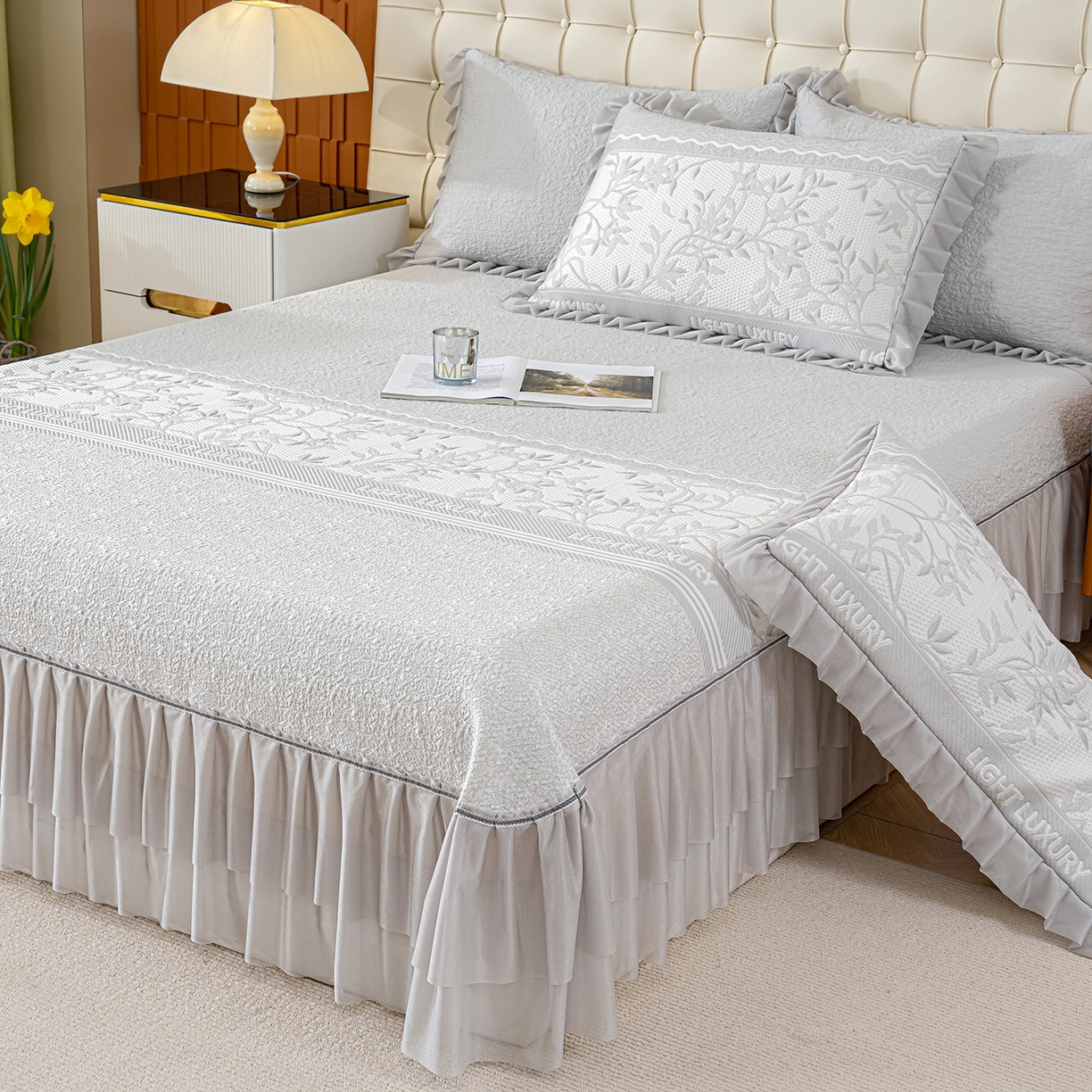 91家纺网 家纺一手货源 找家纺 冬然家纺 2026新款【清凉一夏系列】冰豆豆凉席床裙款 清凉一夏-灰