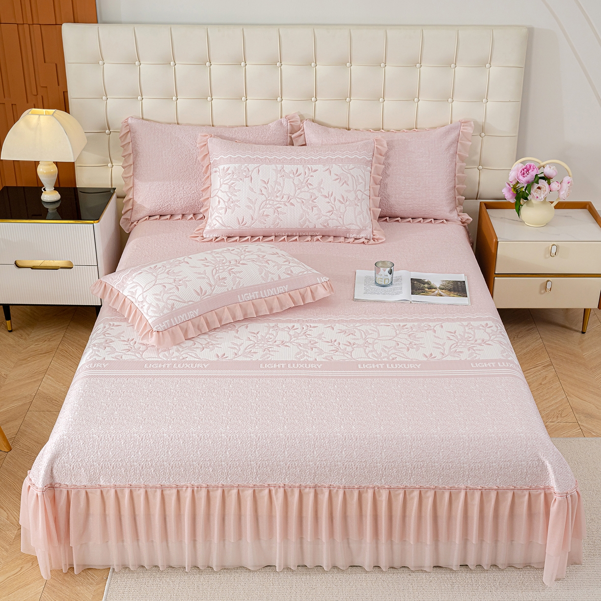 91家纺网 家纺一手货源 找家纺 冬然家纺 2026新款【清凉一夏系列】冰豆豆凉席床裙款 清凉一夏-粉