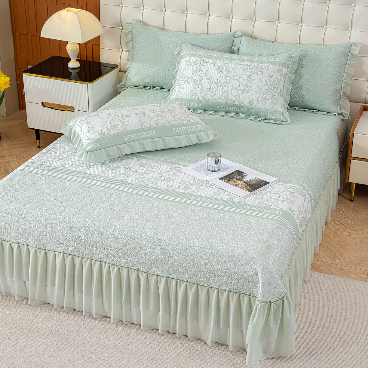 91家纺网 家纺一手货源 找家纺 冬然家纺 2026新款【清凉一夏系列】冰豆豆凉席床裙款 清凉一夏-绿