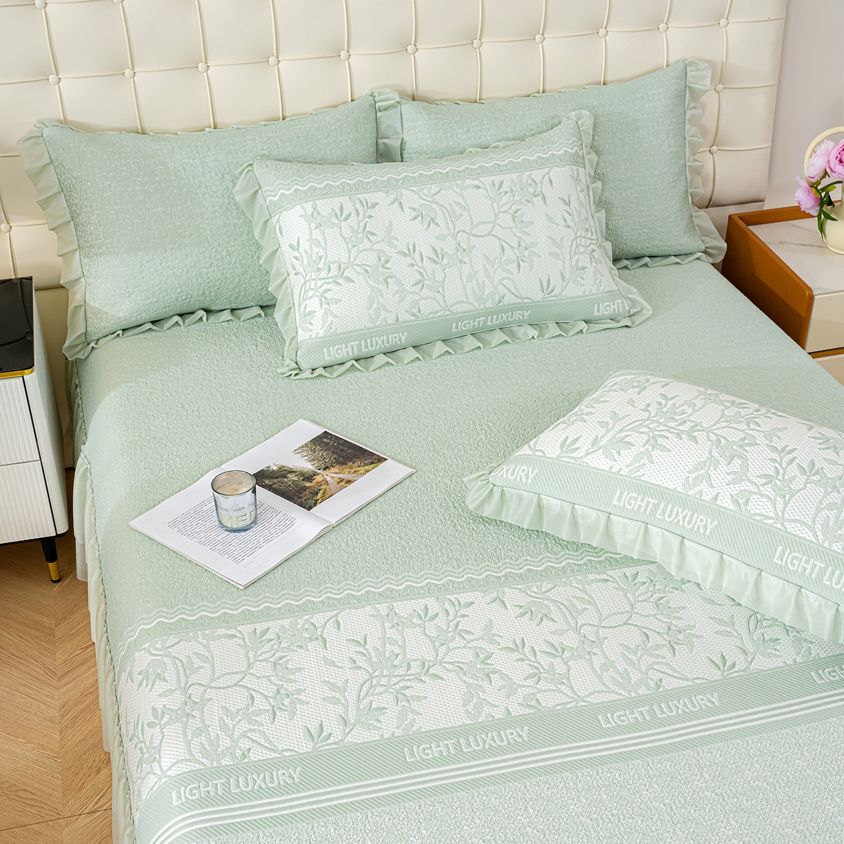 91家纺网 家纺一手货源 找家纺 冬然家纺 2026新款【清凉一夏系列】冰豆豆凉席床裙款 清凉一夏-绿