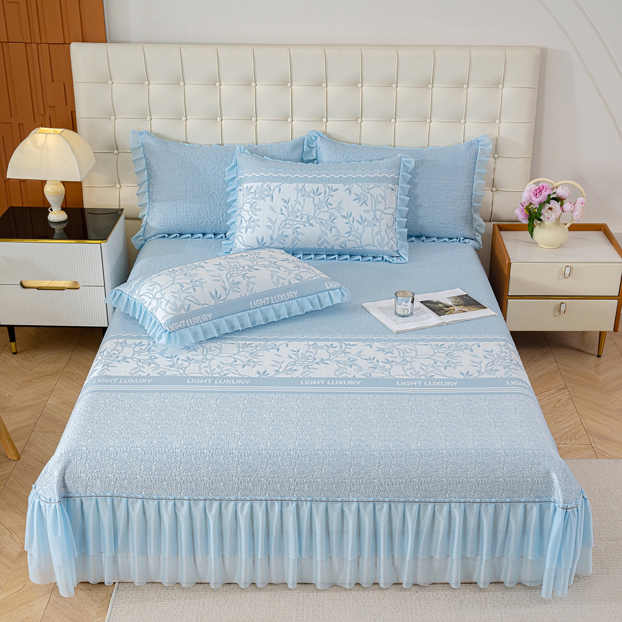 91家纺网 家纺一手货源 找家纺 冬然家纺 2026新款【清凉一夏系列】冰豆豆凉席床裙款 清凉一夏-蓝