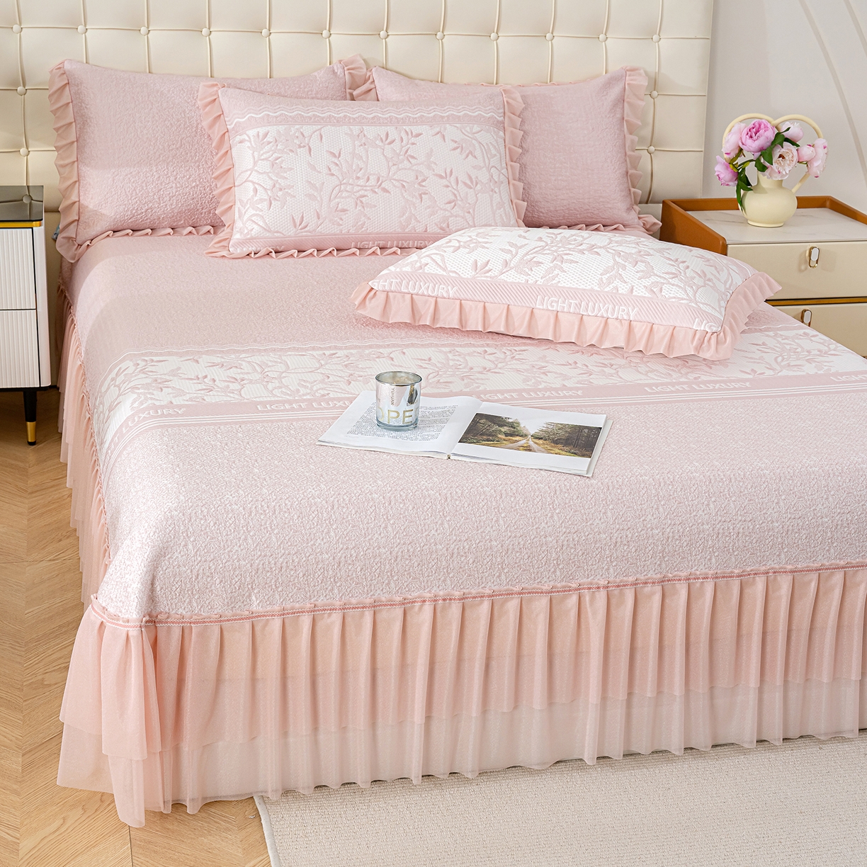 91家纺网 家纺一手货源 找家纺 冬然家纺 2026新款【清凉一夏系列】冰豆豆凉席床裙款 清凉一夏-粉