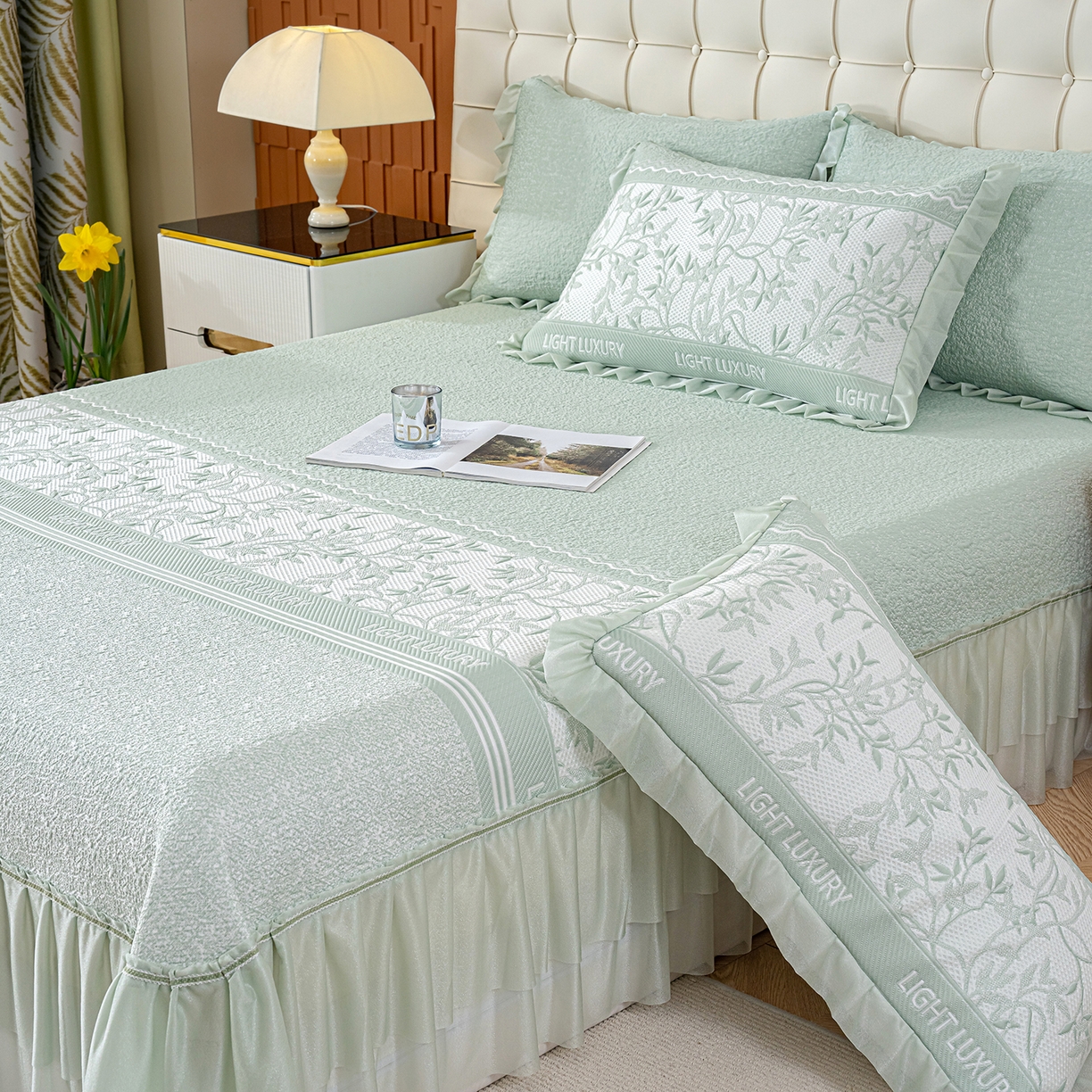 91家纺网 家纺一手货源 找家纺 冬然家纺 2026新款【清凉一夏系列】冰豆豆凉席床裙款 清凉一夏-绿