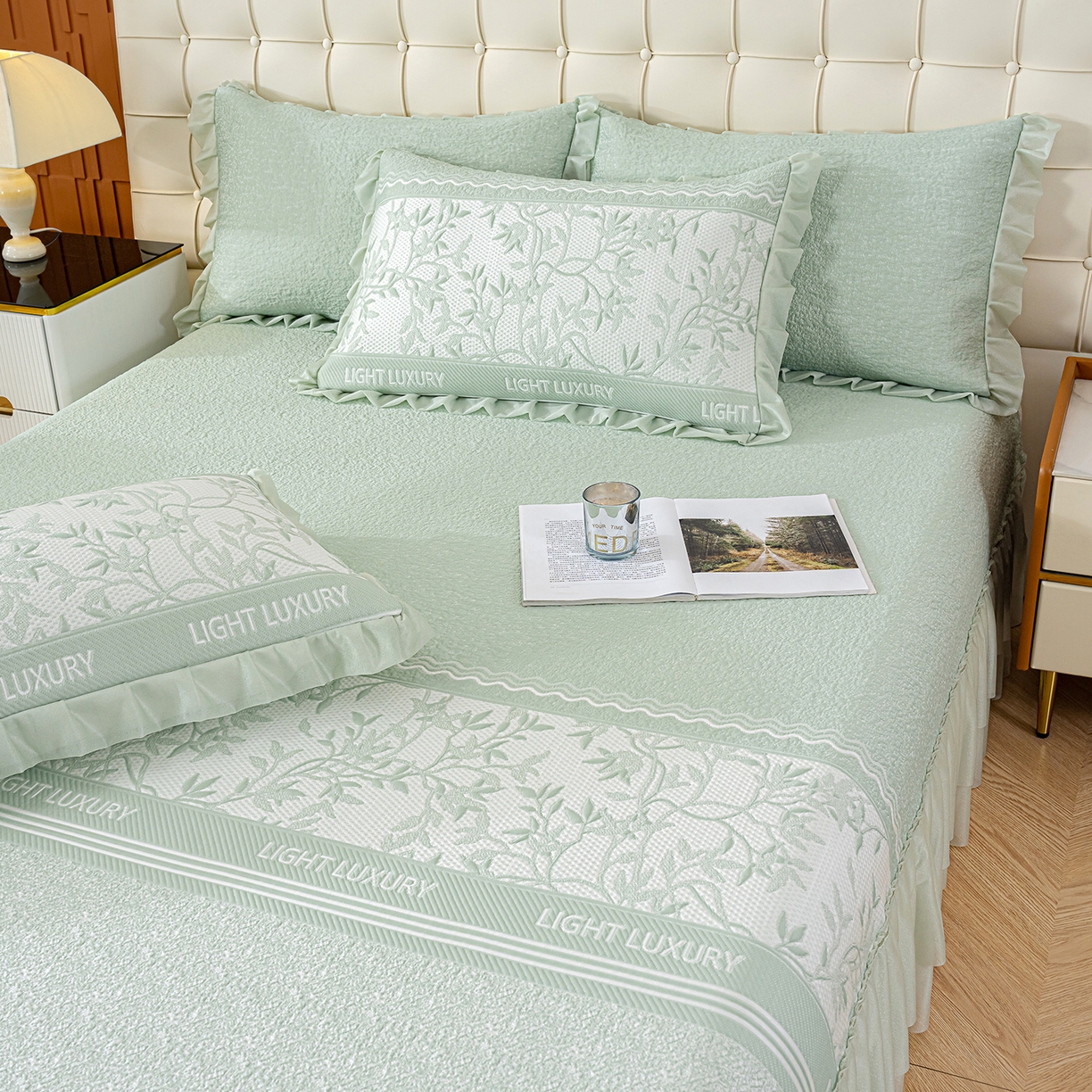 91家纺网 家纺一手货源 找家纺 冬然家纺 2026新款【清凉一夏系列】冰豆豆凉席床裙款 清凉一夏-绿