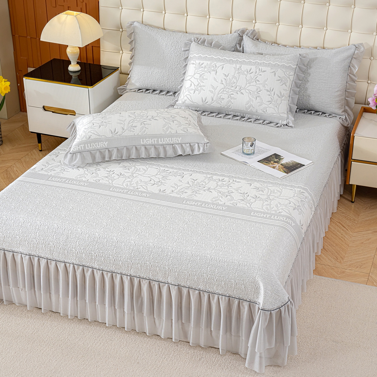 91家纺网 家纺一手货源 找家纺 冬然家纺 2026新款【清凉一夏系列】冰豆豆凉席床裙款 清凉一夏-灰