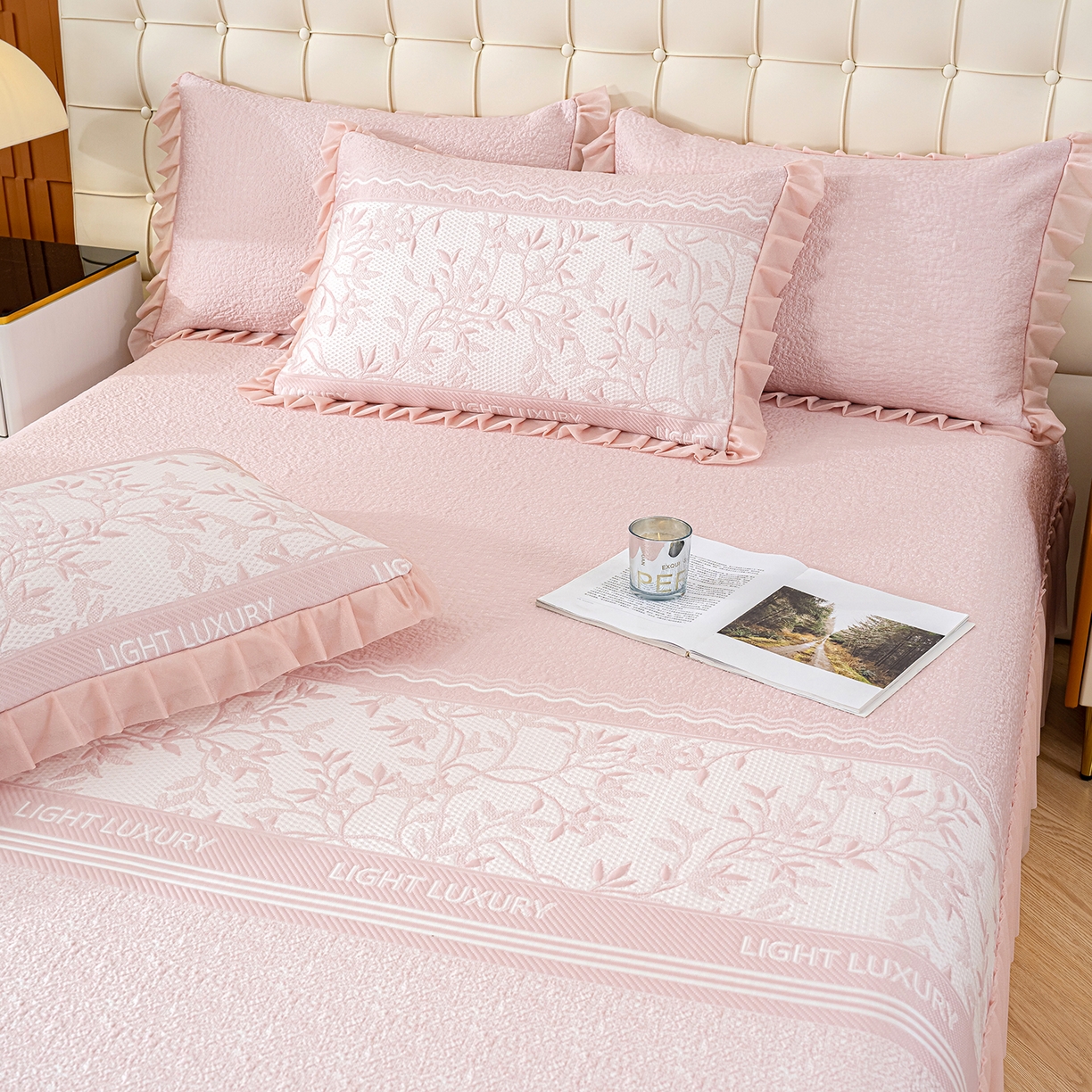 91家纺网 家纺一手货源 找家纺 冬然家纺 2026新款【清凉一夏系列】冰豆豆凉席床裙款 清凉一夏-粉